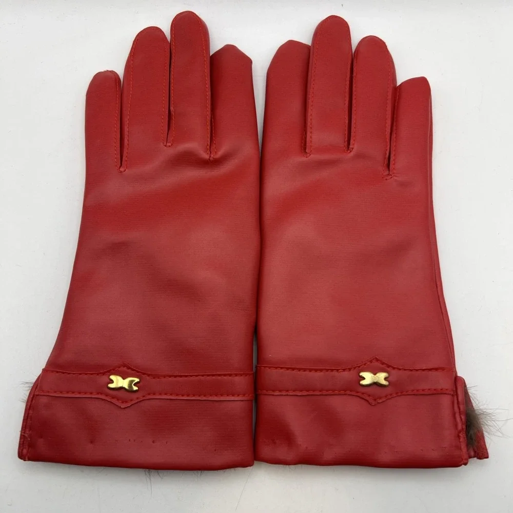 Vintage Red Dress Gloves Rabbit Fur Trim Cuff Sz M/L Fits XS Kids Petite Retro
